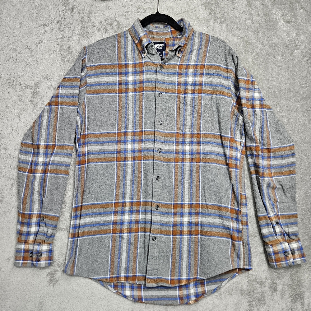 Lands' End Men's Medium Tall Plaid Flannel Shirt Gray Orange Blue 100% Cotton